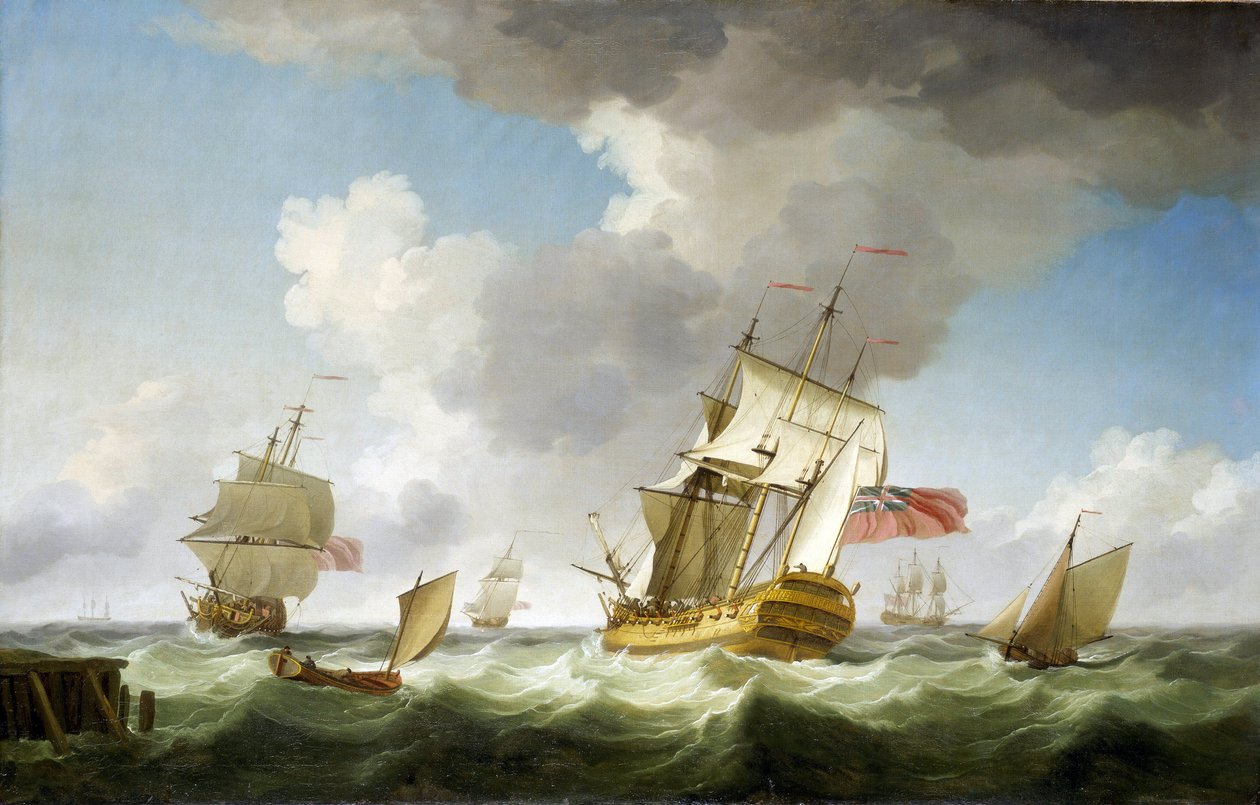 A British East India Company trading ship in strong wind, near the pier, which it has just left by Charles Brooking