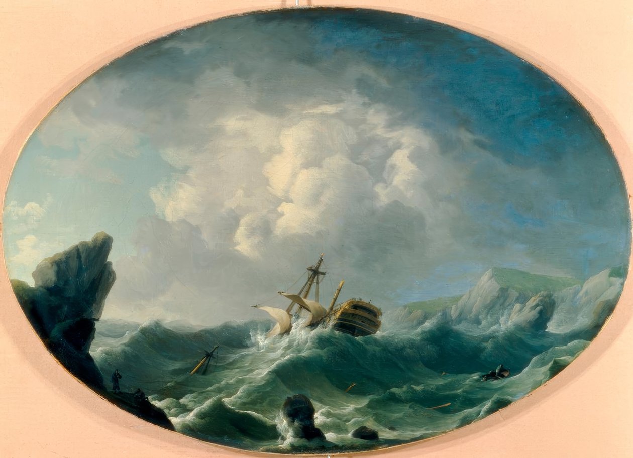 A British Man of War in Rough Seas off a Rocky Coast by Charles Brooking