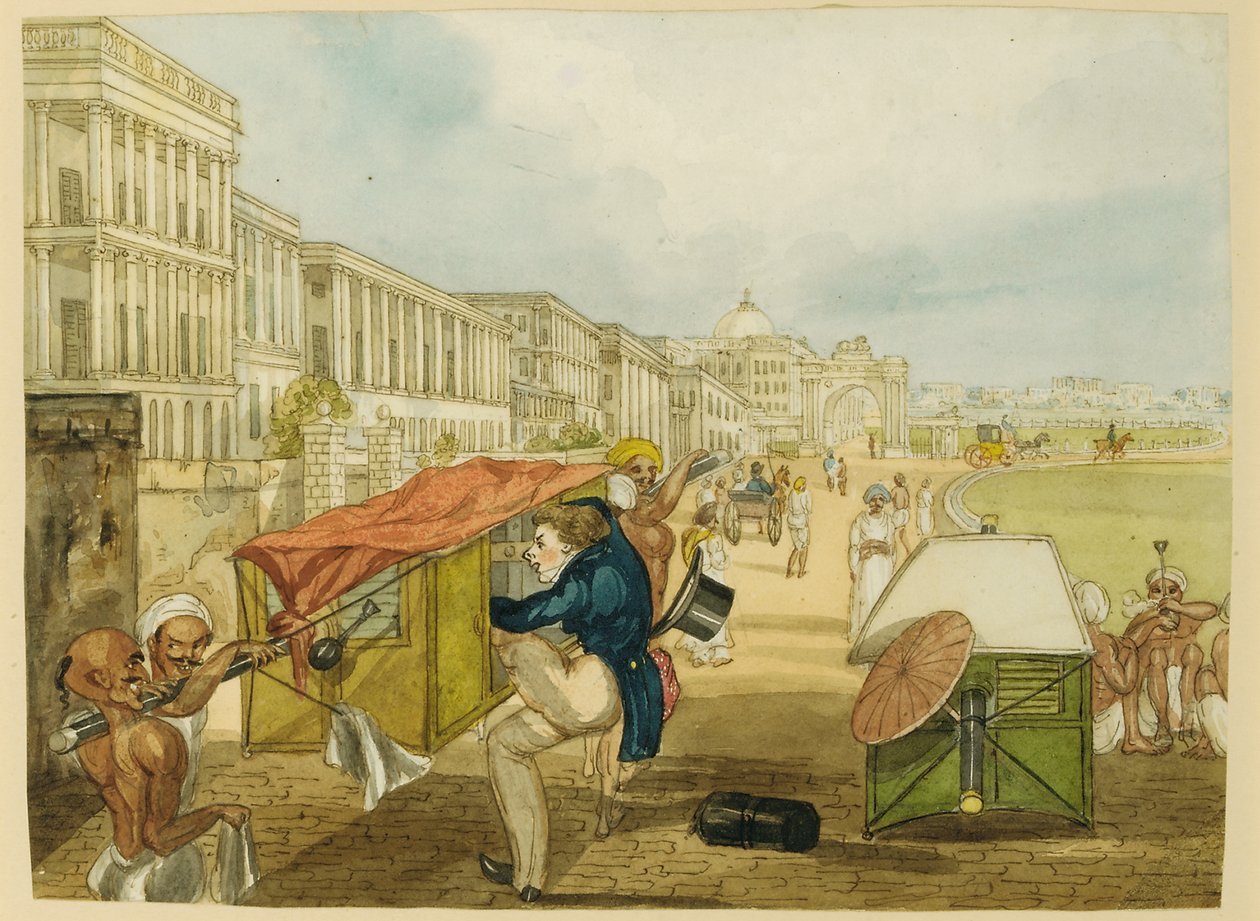 An Inexperienced Palanquin Rider, Tom Shaw Hiring a Palanquin on the Esplanade, Calcutta by Charles DOyly