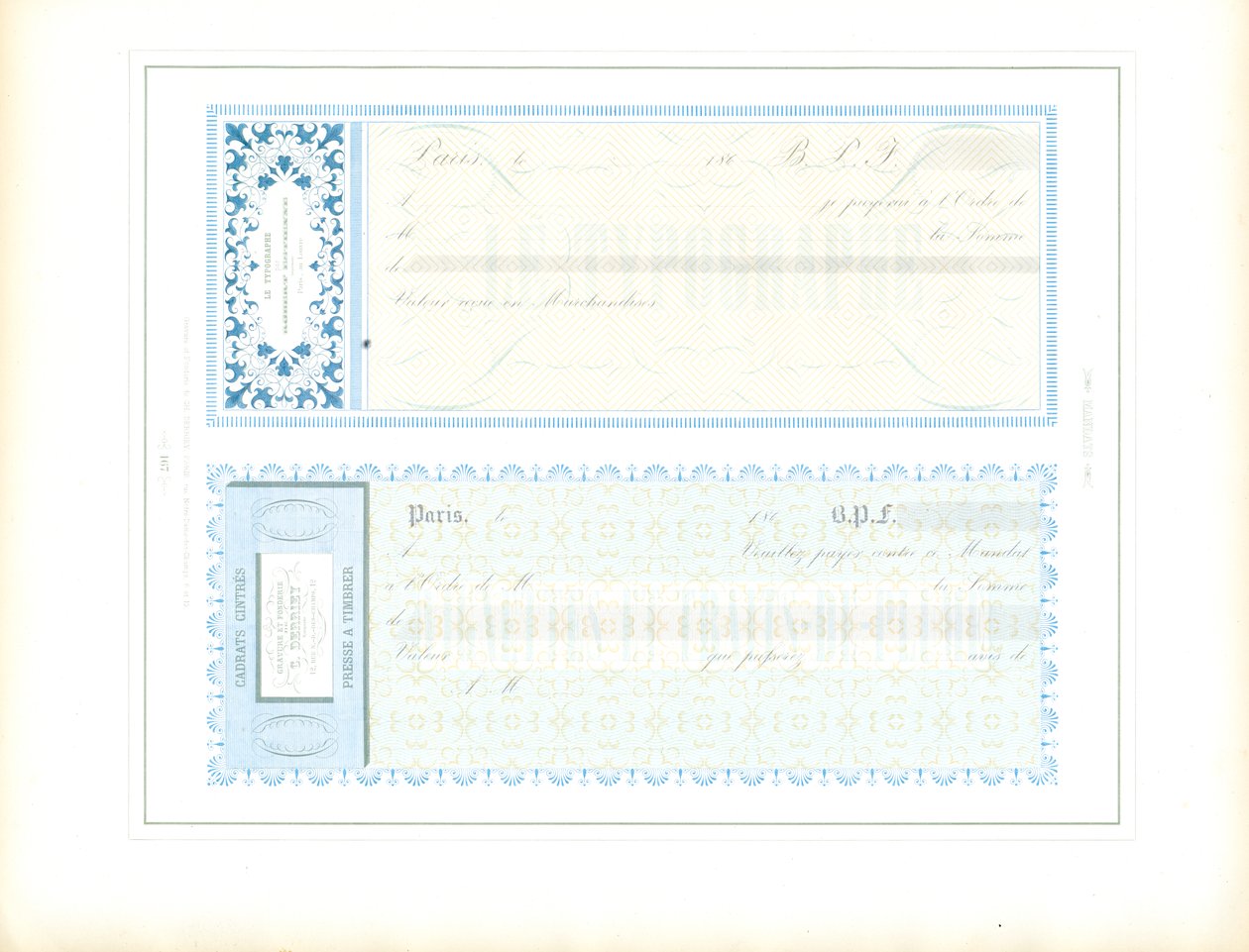 Sample Templates for Bills of Exchange in Blue Coloration by Charles Derriey