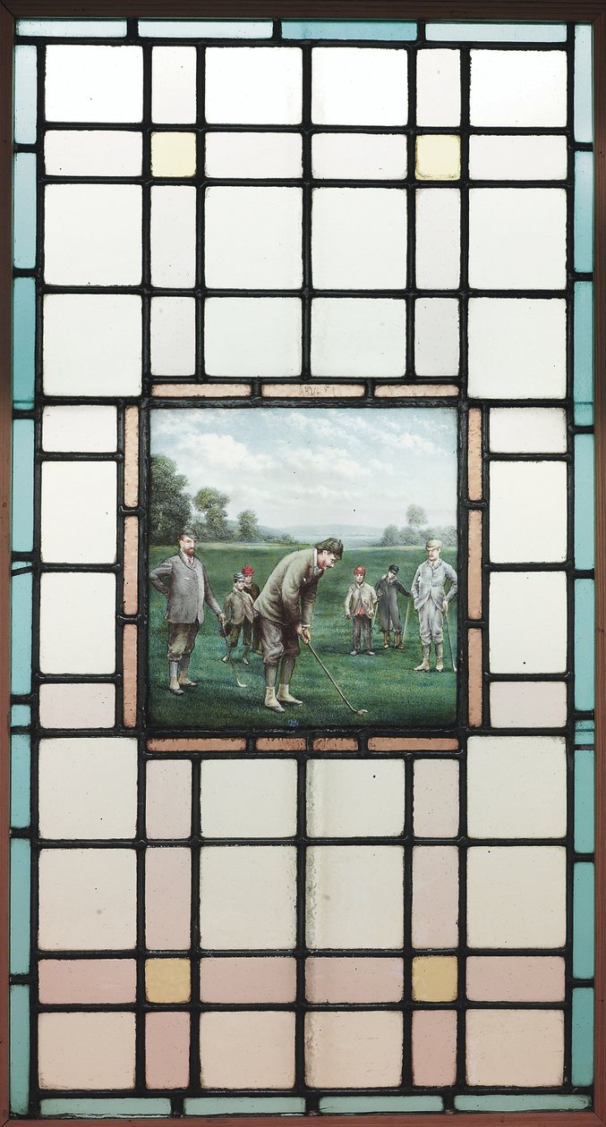 A Late Victorian Leaded Glass Window with The Golfers, c. 1890 by Charles Edmund Brock