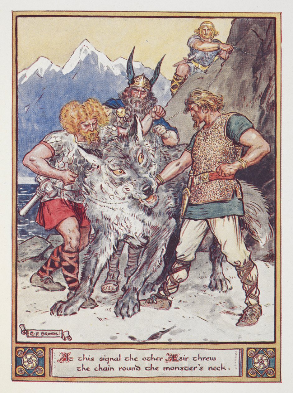 Tyr Pledges His Hand to Chain the Fenrir the Wolf, Illustration from The Heroes of Asgard by Annie Keary by Charles Edmund Brock