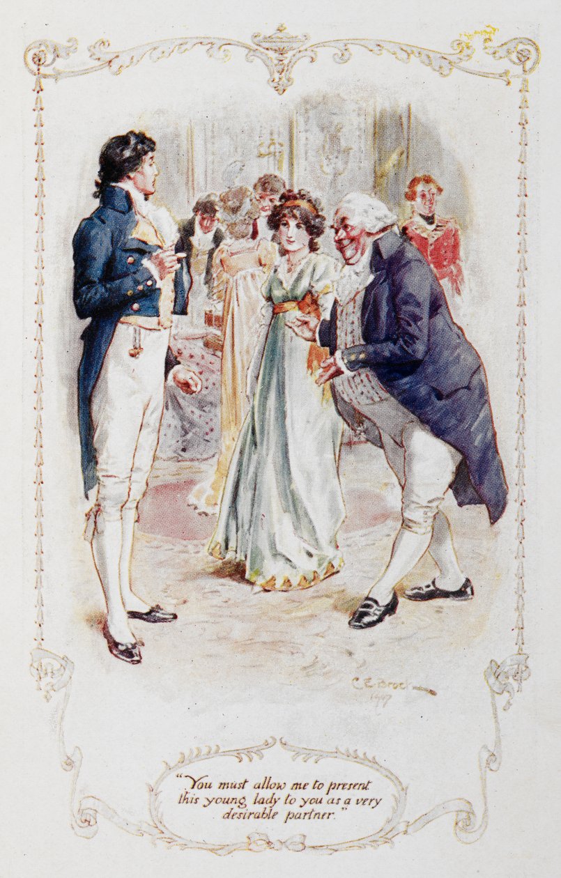 Sir William Lucas: Mr. Darcy, you must allow me to present this young lady to you as a very desirable partner (Elizabeth Bennet), illustration to 