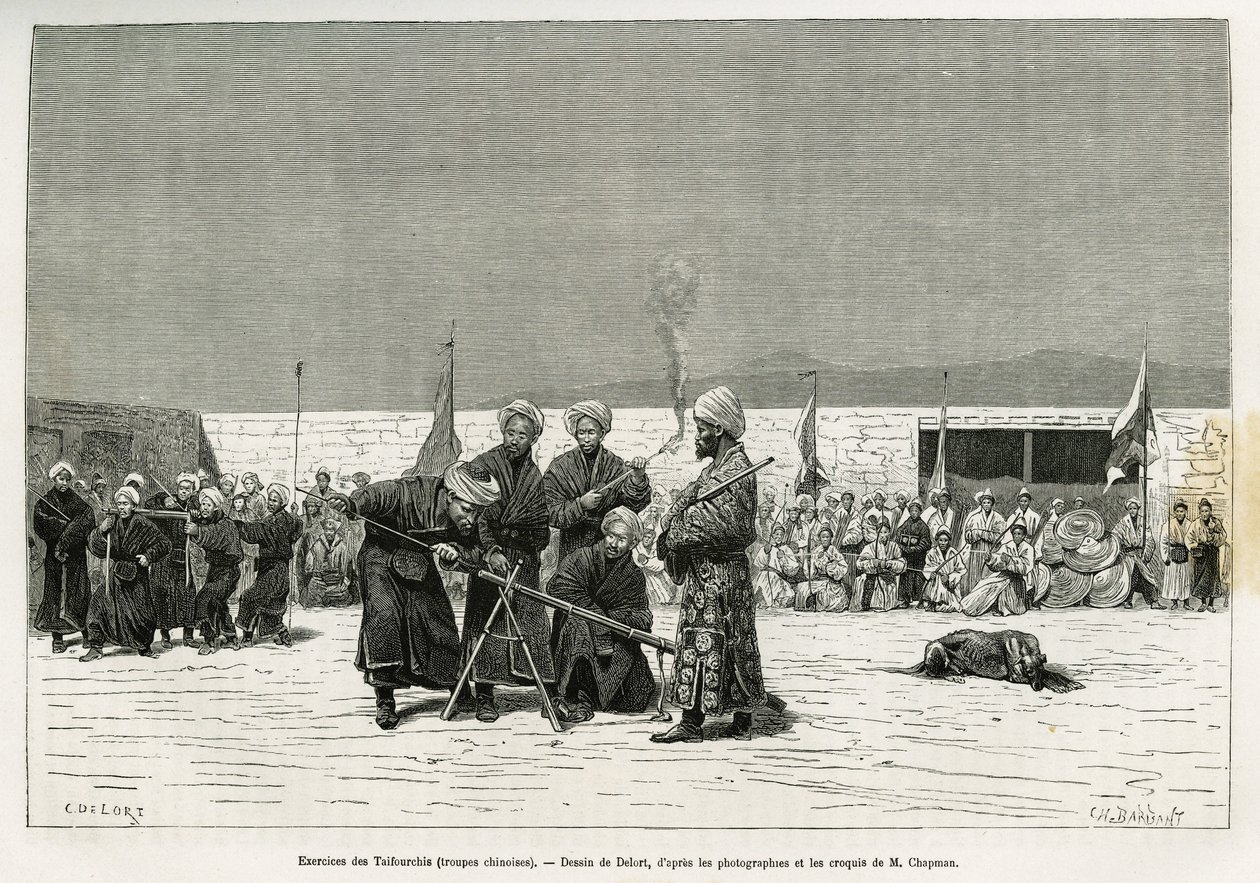 Exercises of manipulating Taifourchi bulwark rifles, troops armed and trained by the Chinese military, drawing by Delort, to illustrate the memories of an English embassy in Kachgar (or Kashi, China) in 1873-74, by Mr. Chapman and Gordon. Engraving in Le t by Charles Edouard Delort