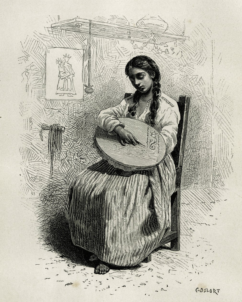 The embroiderer, in Salento, region of Quindio (Colombia), engraving by Ch.Delort, to illustrate the story of America Equinoxiale by E.Andre, mission assignment by the French government, published in the tour du monde, under the direction of Edouard Charto by Charles Edouard Delort