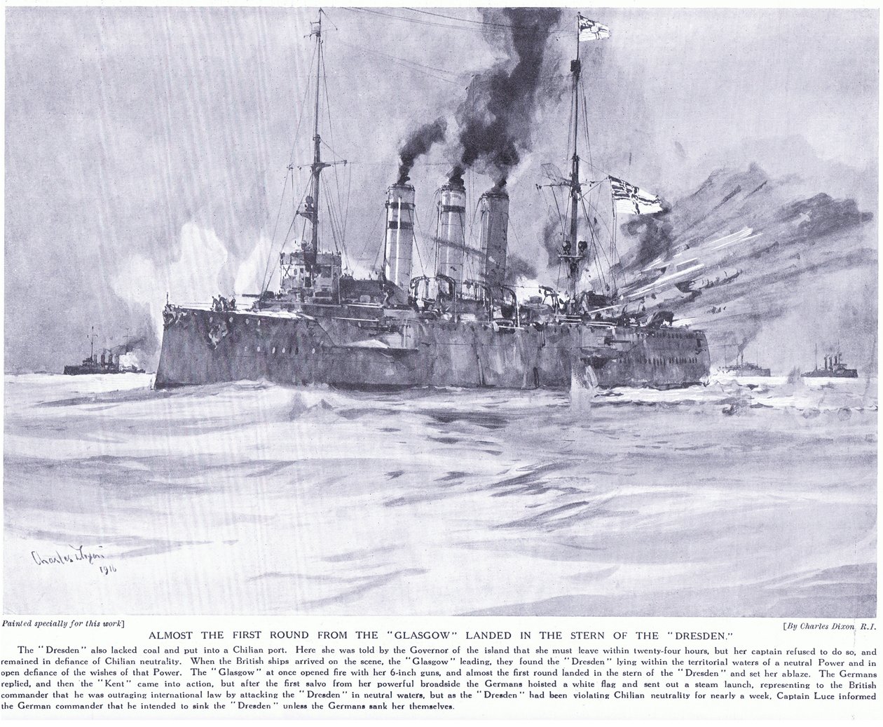 Almost the First Round from the Glasgow Landed in the Stern of the Dresden by Charles Edward Dixon