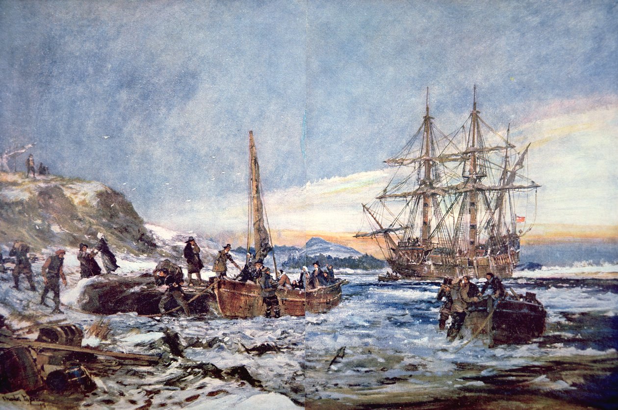 Landing of the Pilgrim Fathers at Plymouth, New England in 1620 by Charles Edward Dixon