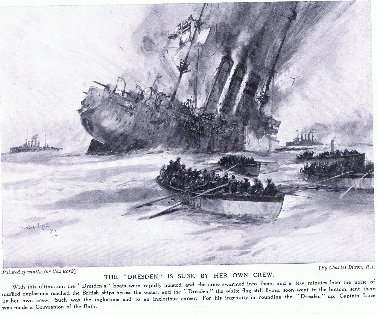 The Dresden is Sunk by Her Own Crew by Charles Edward Dixon