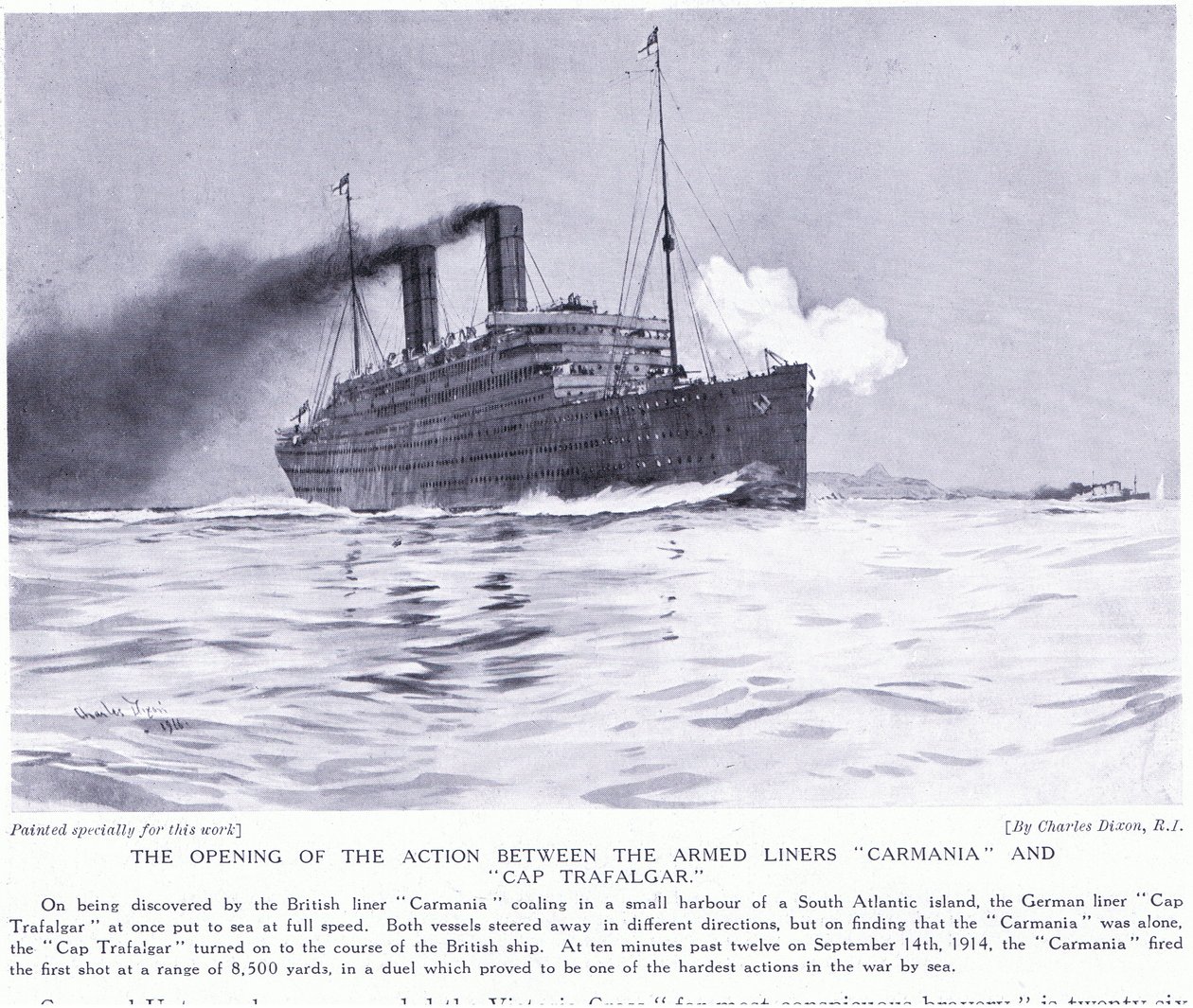 The opening action between the armed liners Carmania and Cap Trafalgar, South Atlantic, September 1915 by Charles Edward Dixon