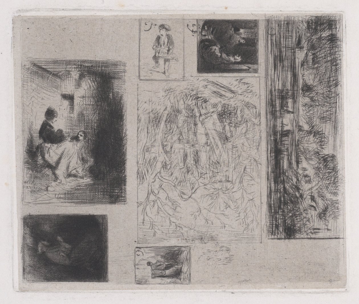 Composite plate: Woman and Children, Old Musician, Frying Merchant, Landscape, 1843 by Charles Emile Jacque