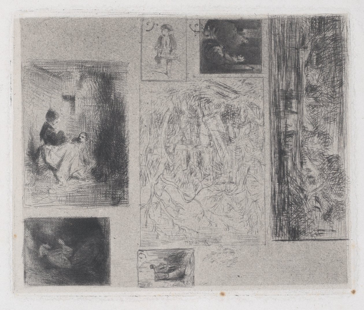 Composite Plate: Woman and Children, Old Musician, Frying Merchant, Landscape by Charles Emile Jacque