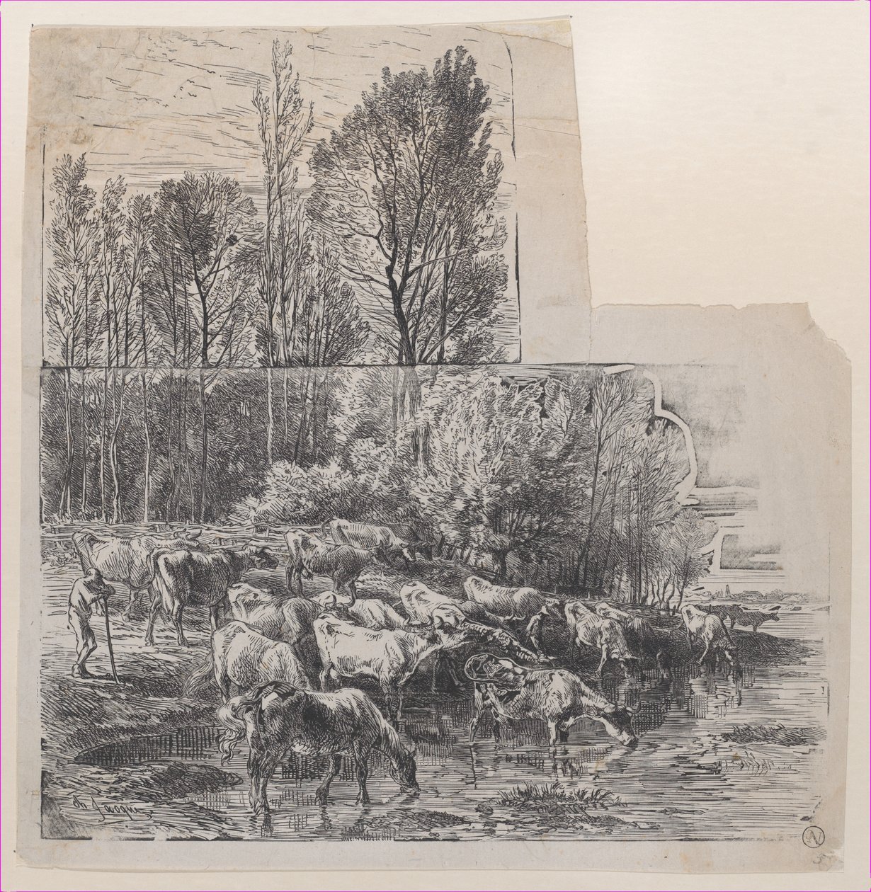 Herdsman and Cattle at Ford, ca. 1850 by Charles Emile Jacque