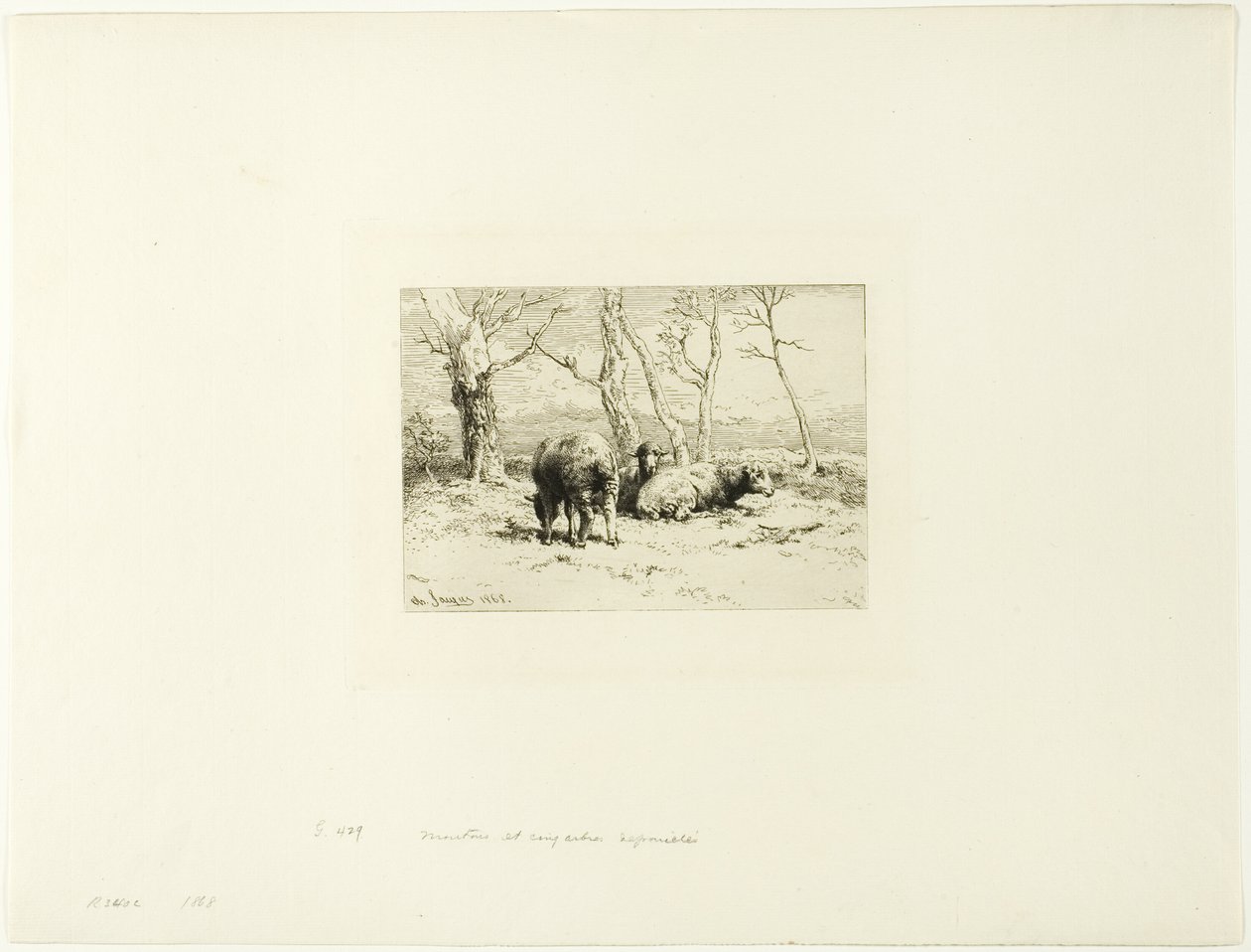 Sheep and Five Trees by Charles Emile Jacque