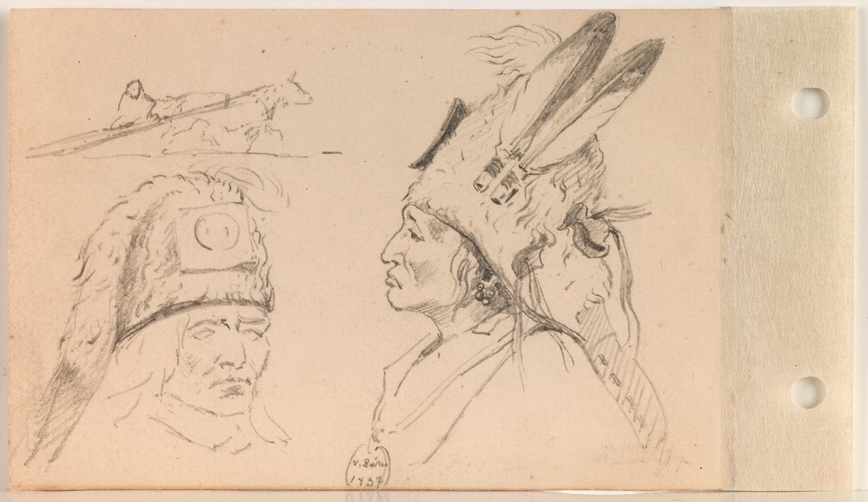 Studies of Palaneapape (Struck-by-Ree or Struck-by-Arikara) and a Dog Travois (leaf 21 verso) by Charles Ferdinand Wimar