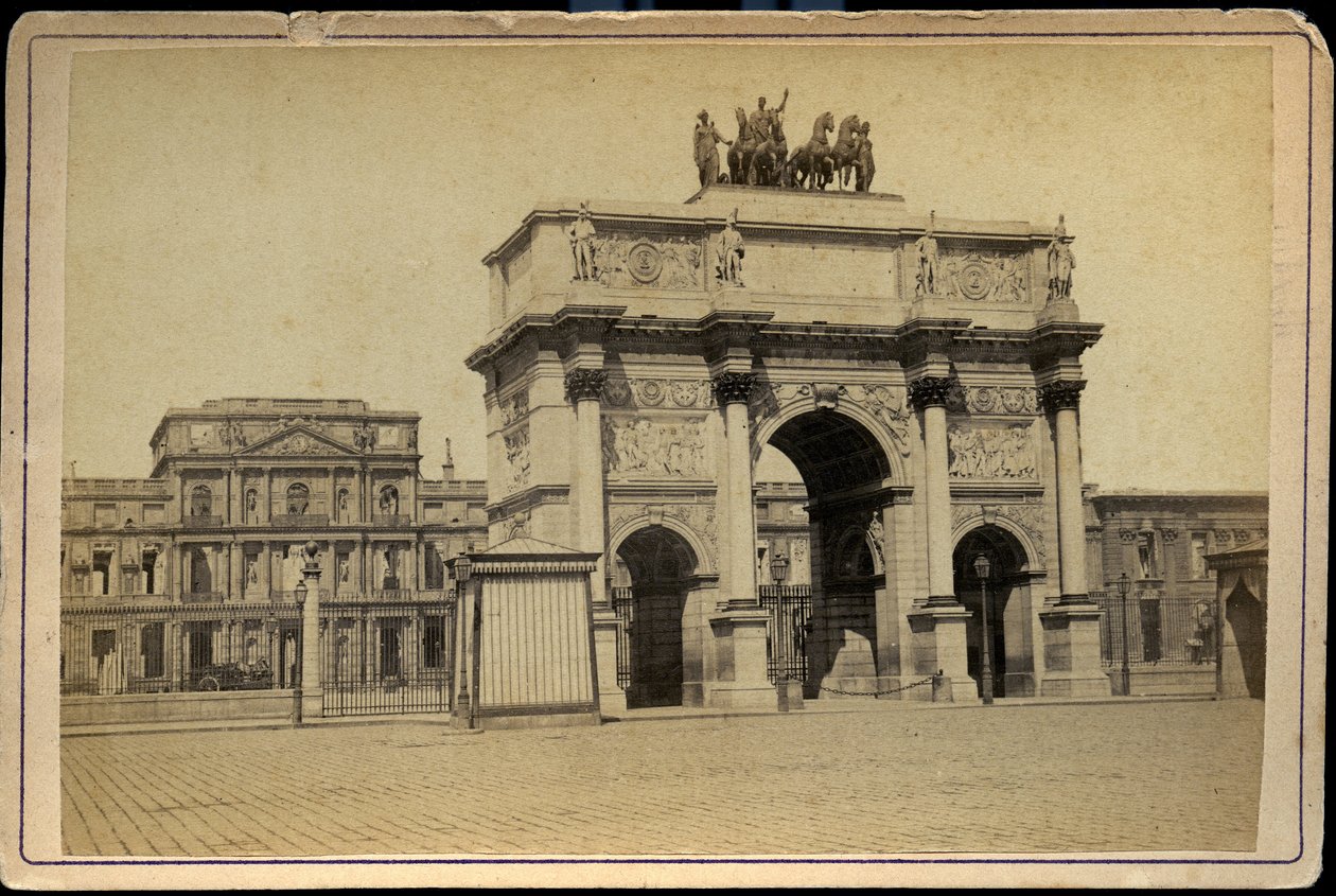 The Arc de Triomphe du Carrousel with the buildings in ruins of the Tuileries imperiales by Charles & Fontaine Pierre (1762 1853) Percier