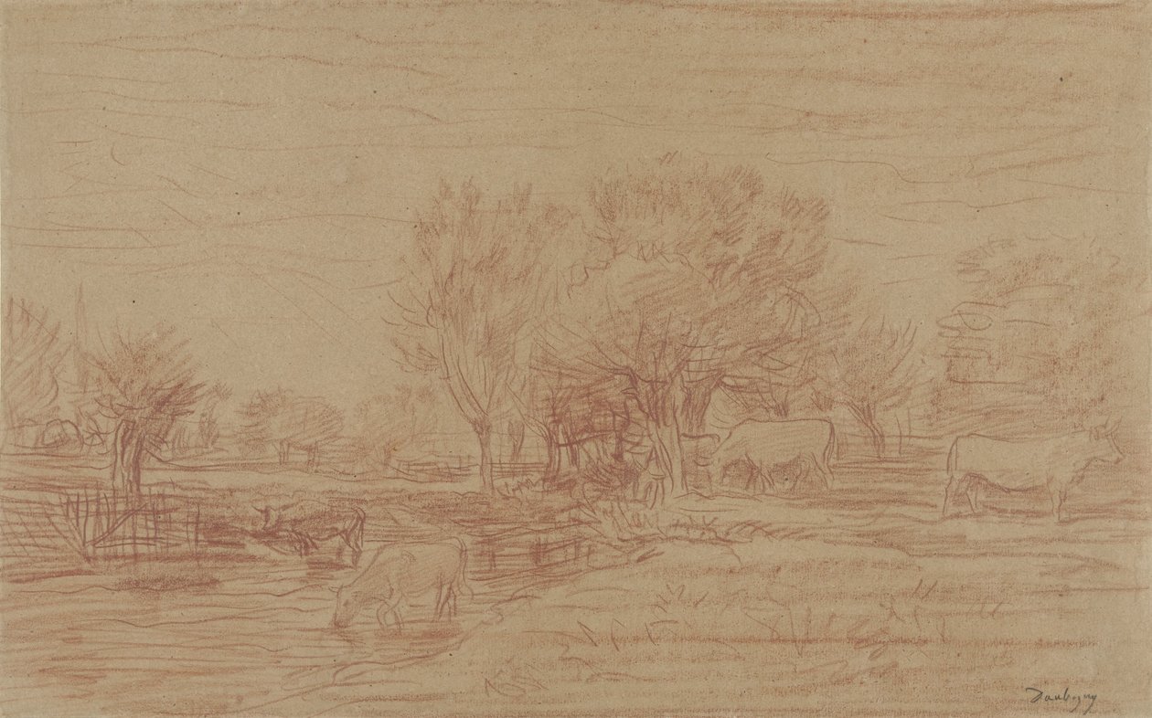 Landscape with Grazing and Drinking Cows and a Watching Bull by Charles Francois Daubigny