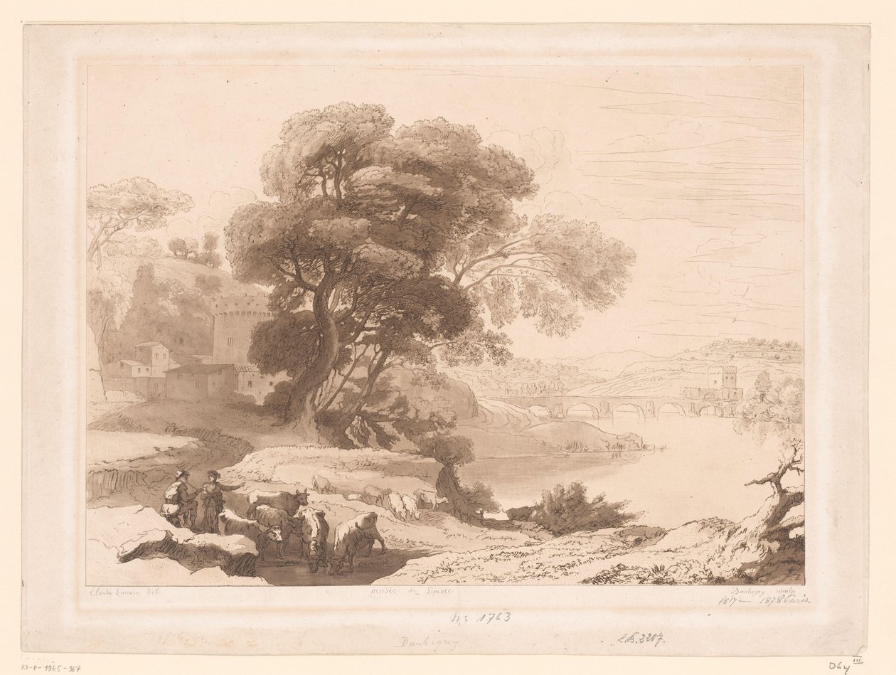 Landscape with Shepherds and Cattle by a River by Charles Francois Daubigny