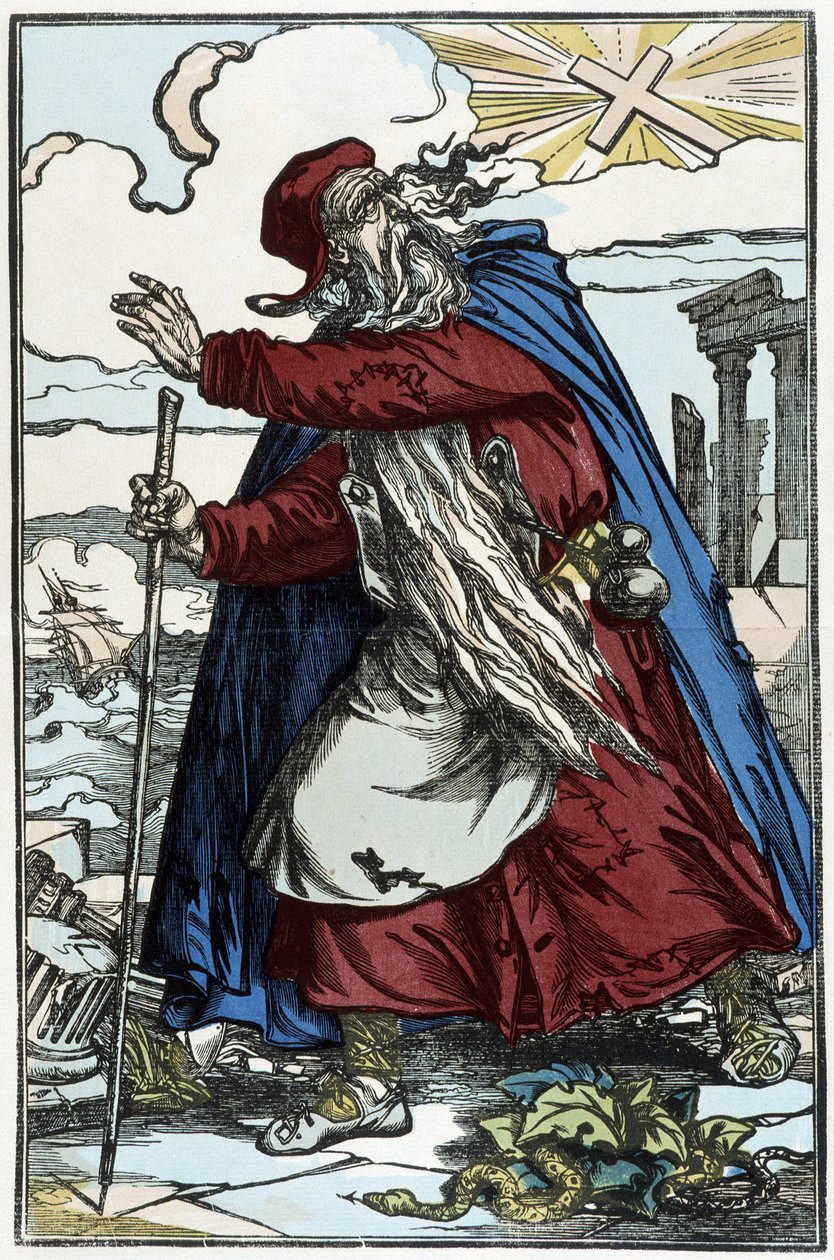 The Wandering Jew Frightened by the Catholic Cross - engraving from the drawing of Pinot by Charles Francois Pinot