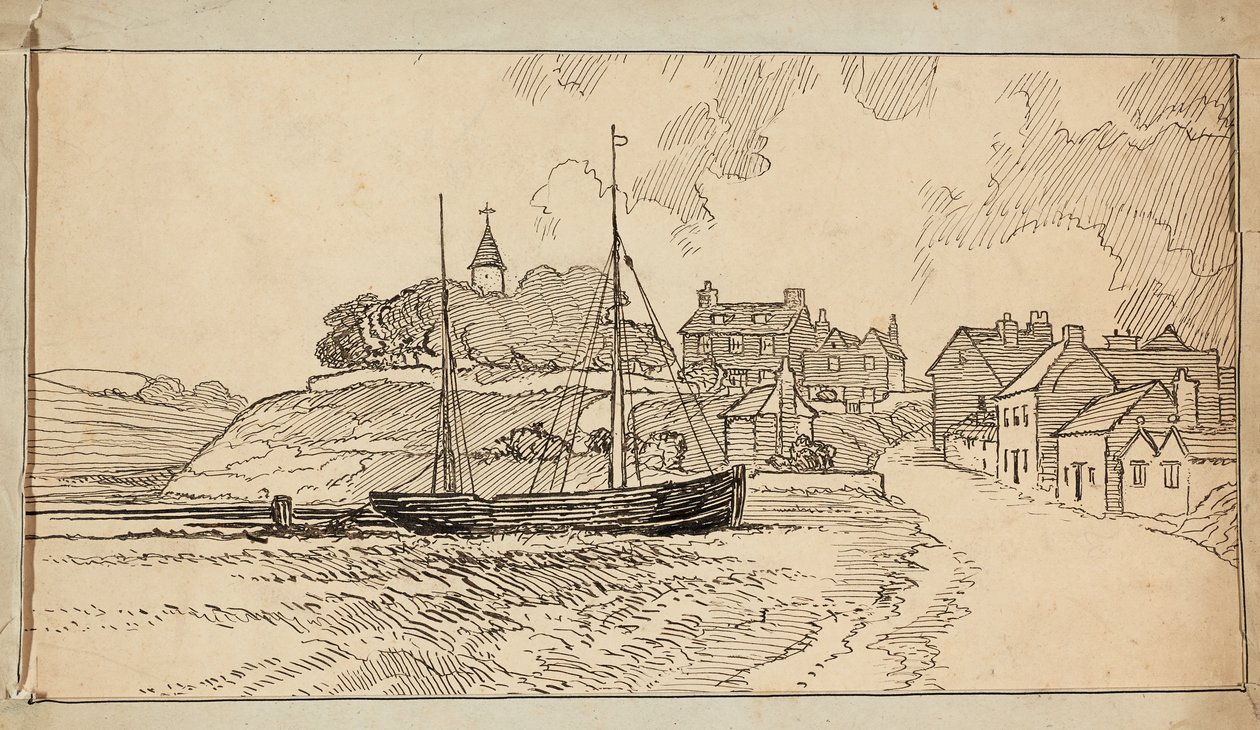 A Sailing Boat on the Beach at Low Tide, by a Lane Leading Up Towards a Village by Charles George Harper