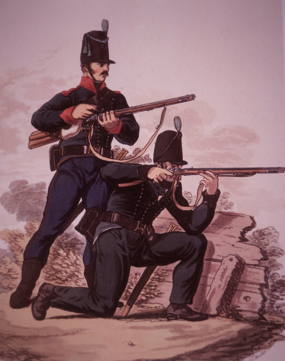 British Army riflemen of the early 19th century: Soldier of the 60th Royal American Foot standing, and soldier from the 95th Rifle Regiment kneeling by Charles Hamilton (after) Smith