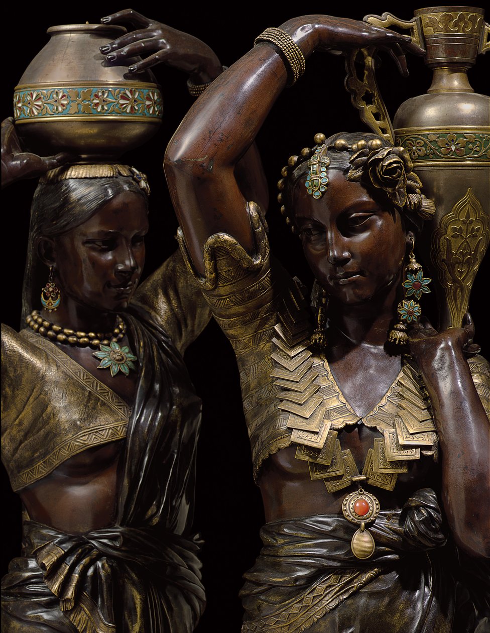 Detail of two bronze torcheres in the shape of Indian women carrying vases by Charles Henri Joseph Cordier
