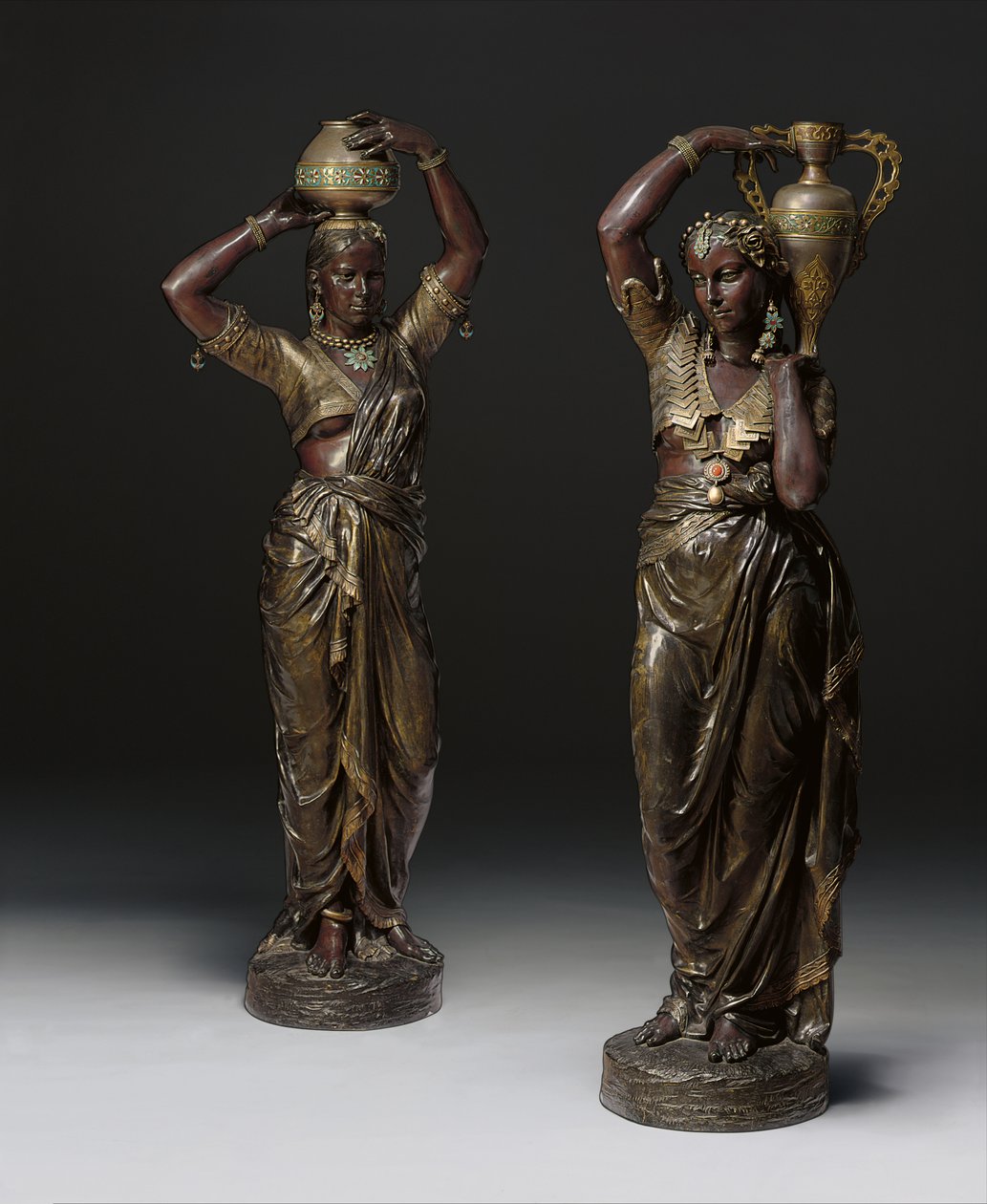 Two Bronze Torcheres in the Shape of Indian Women Carrying Vases, 1862-1865 by Charles Henri Joseph Cordier
