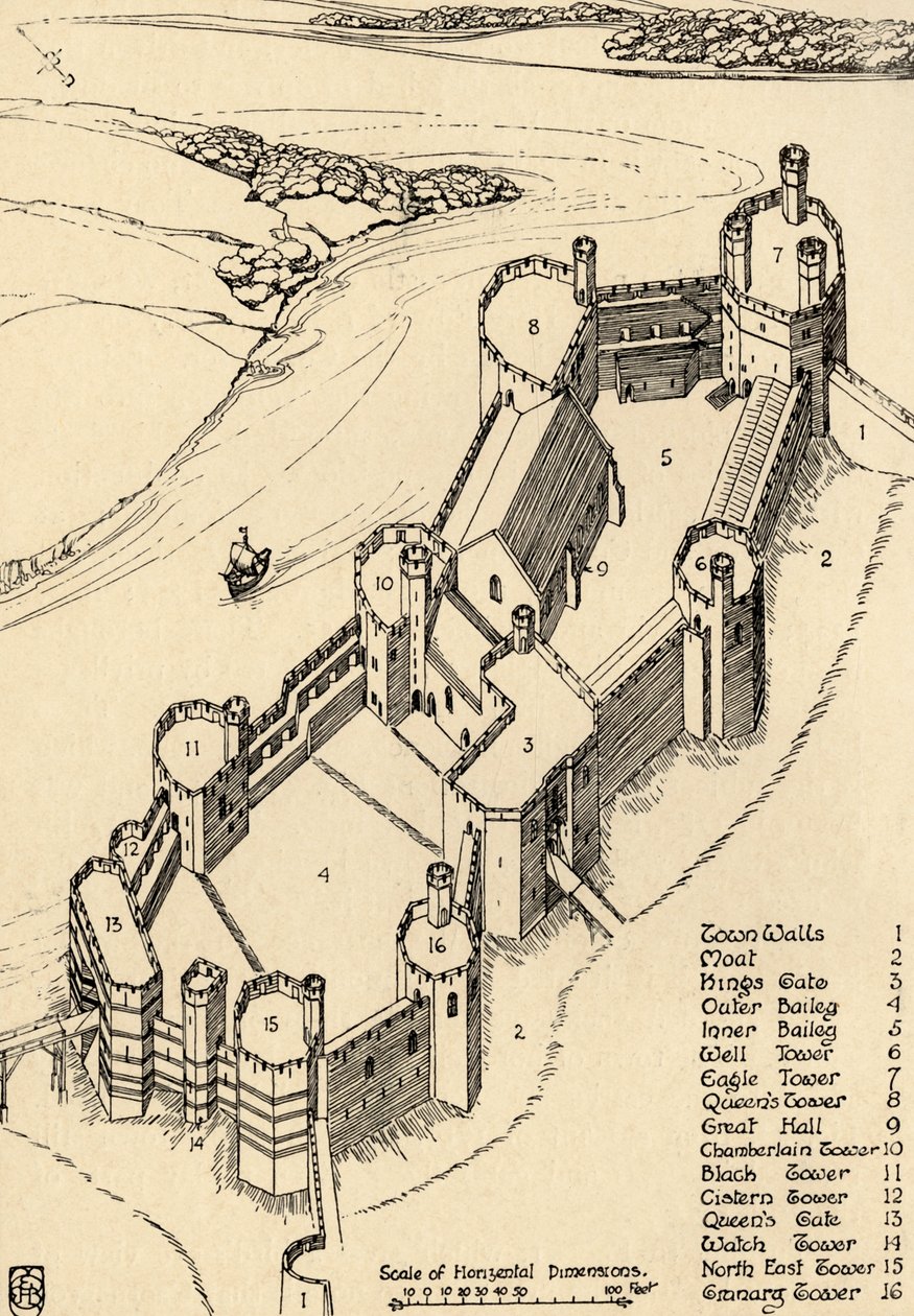 A Birds-Eye View of Caernarvon Castle, North Wales by Charles Henry Bourne Quennell