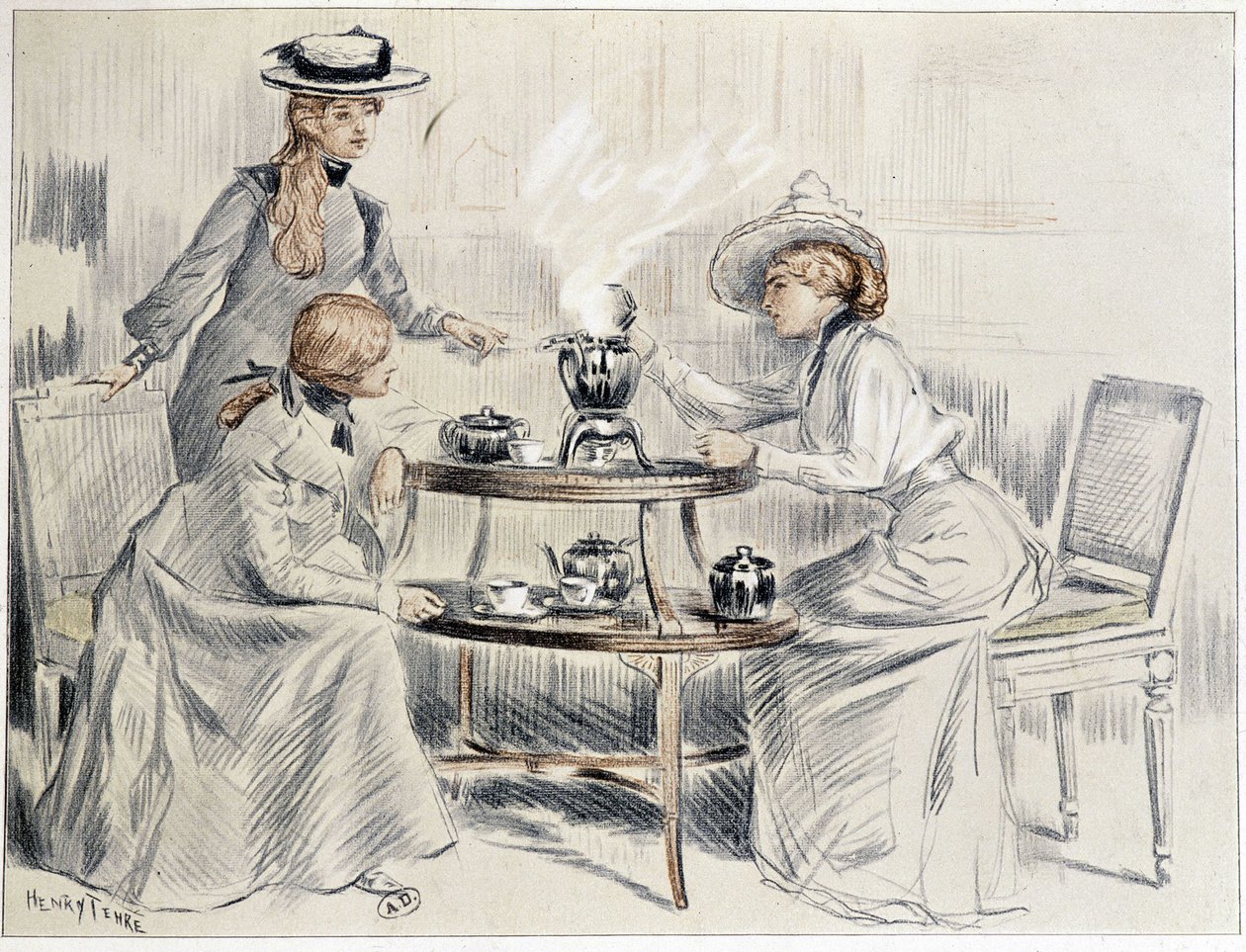 Ladies taking tea around a small samovar - drawing by Henri Tenré, ca. 1910 by Charles Henry Tenre