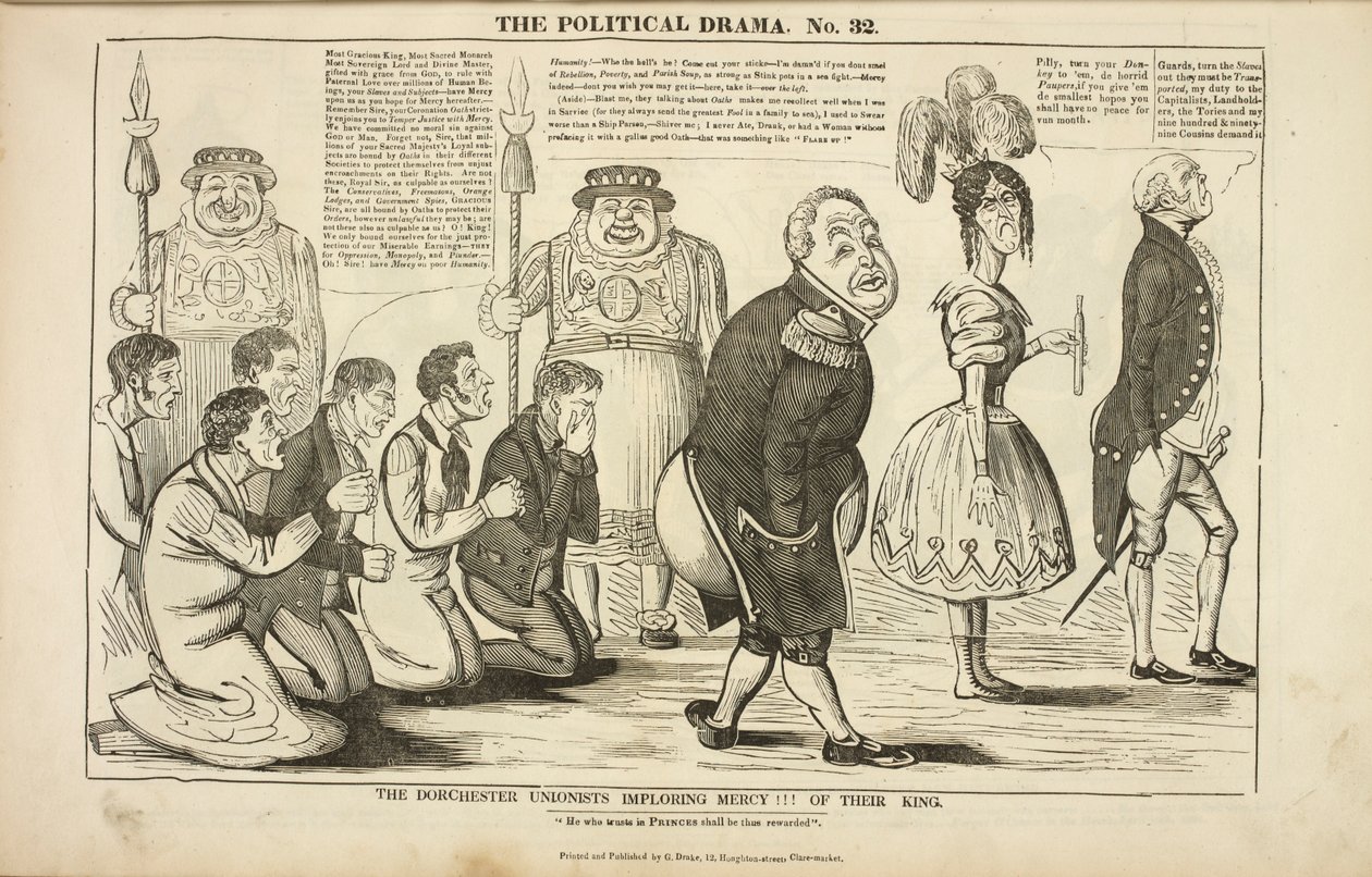 The Dorchester Unionists imploring mercy of their King, Cartoon on the subject of the Tolpuddle Martyrs by Charles Jameson Grant