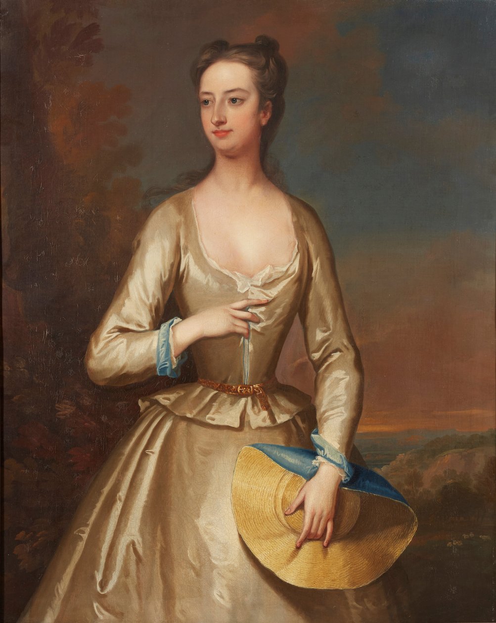 Three-Quarter Length Portrait of a Lady in White Holding a Straw Bonnet by Charles Jervas
