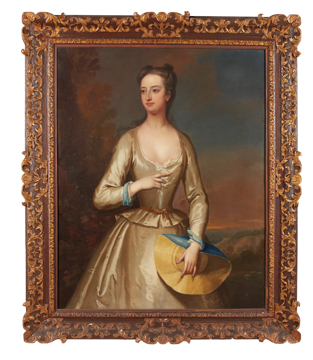 Three-Quarter Length Portrait of a Lady in White Holding a Straw Bonnet by Charles Jervas