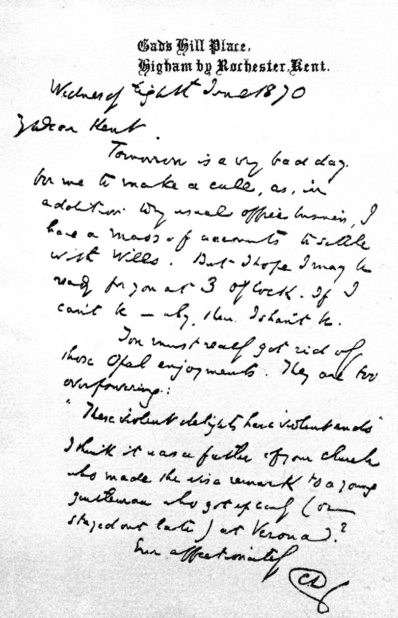 Letter to Charles Kent, written from Gad's Hill Place, the day before ...