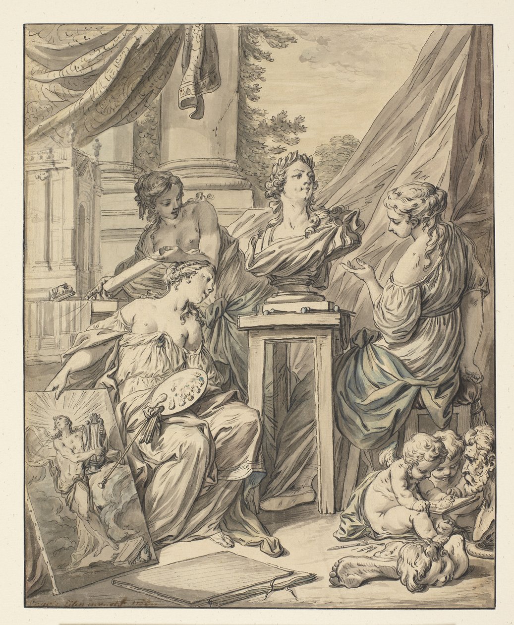 Fine Arts personified by three women engaged in celebration of their reconnaissance for Louis XV by Charles Joseph Dominique Eisen