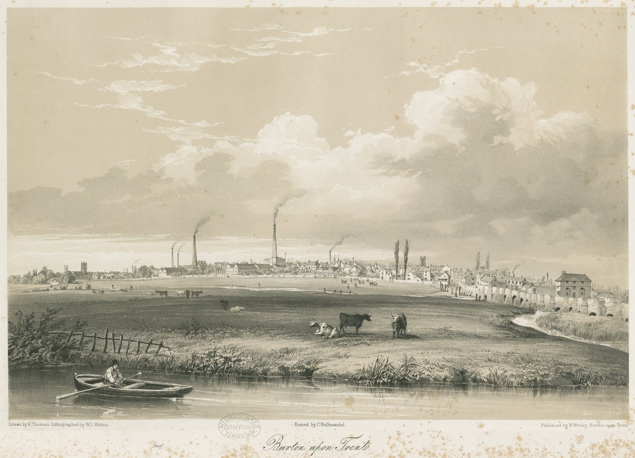 Burton-upon-Trent Bridge and Town: tinted lithograph, nd [c.1840] by Charles Joseph Hullmandel