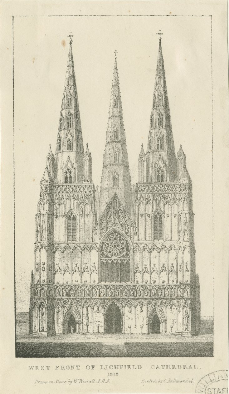Lichfield Cathedral - West Front: Engraving by Charles Joseph Hullmandel