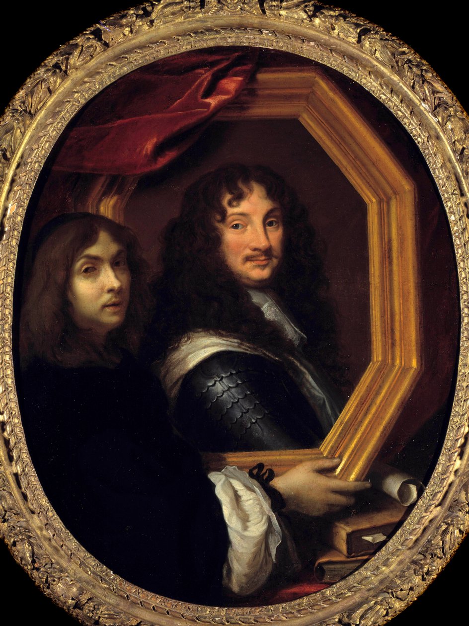 Self-portrait holding the portrait of a military by Charles Le Brun