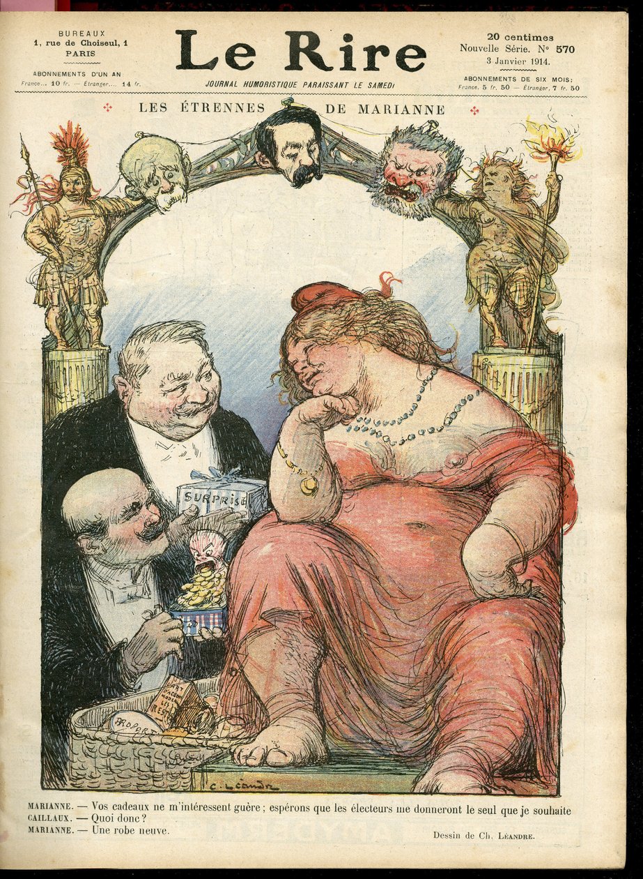 Illustration of Charles Leandre for the Cover of Le Rire, 03/01/14 - Les strennes de Marianne - Tribun - Clemenceau George, Jaures Jean, Briand Aristide, Marianne, Caillaux Joseph by Charles Leandre