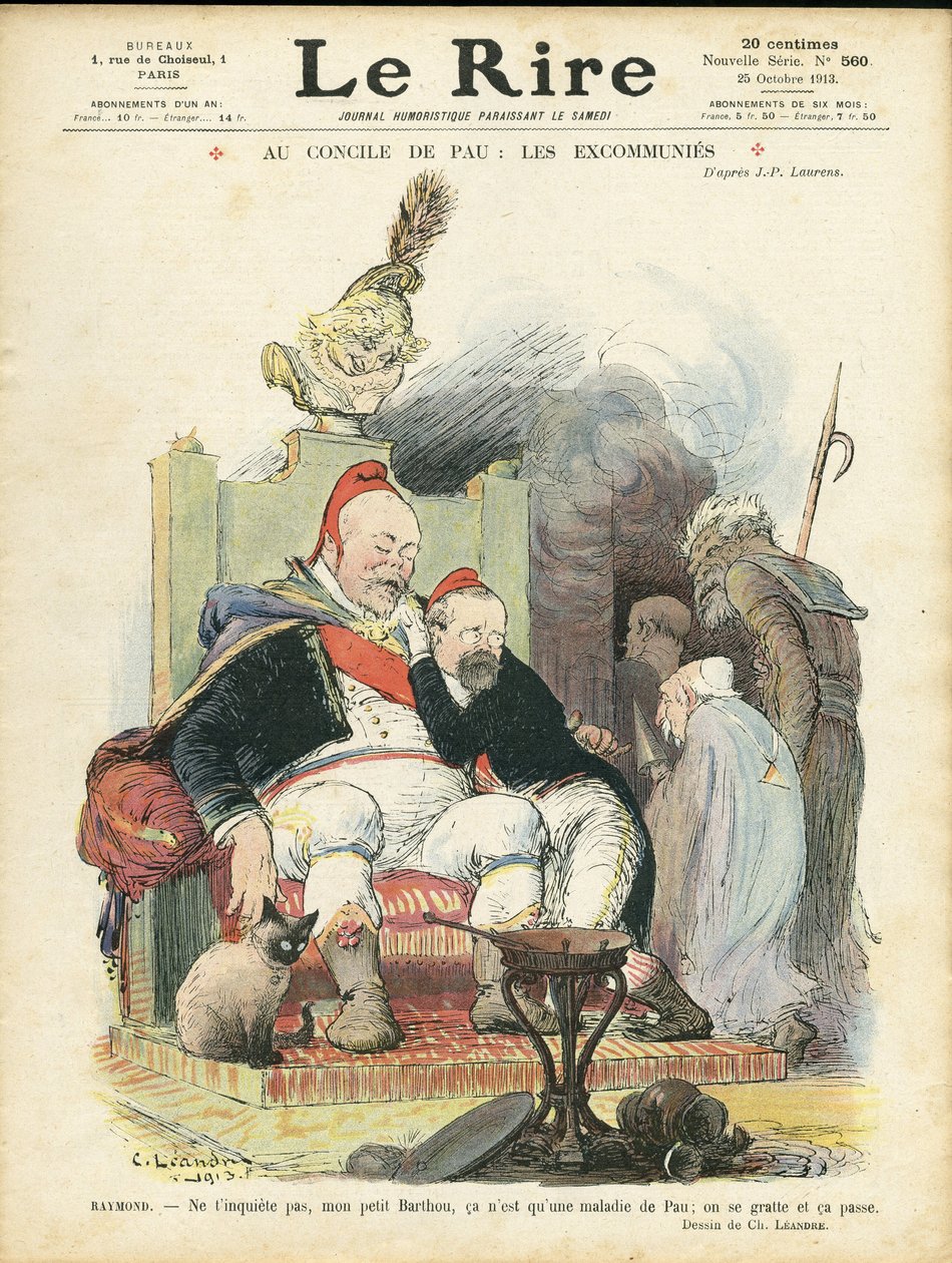 Illustration of Charles Leandre for the Cover of Le Rire, 25/10/13 - At the Council of Pau: the excommunies - Religion Faith, President of the Republic, Chapeau, Armchair (symbol of power) - Combes Emile, Marianne, Poincare Raymond by Charles Leandre