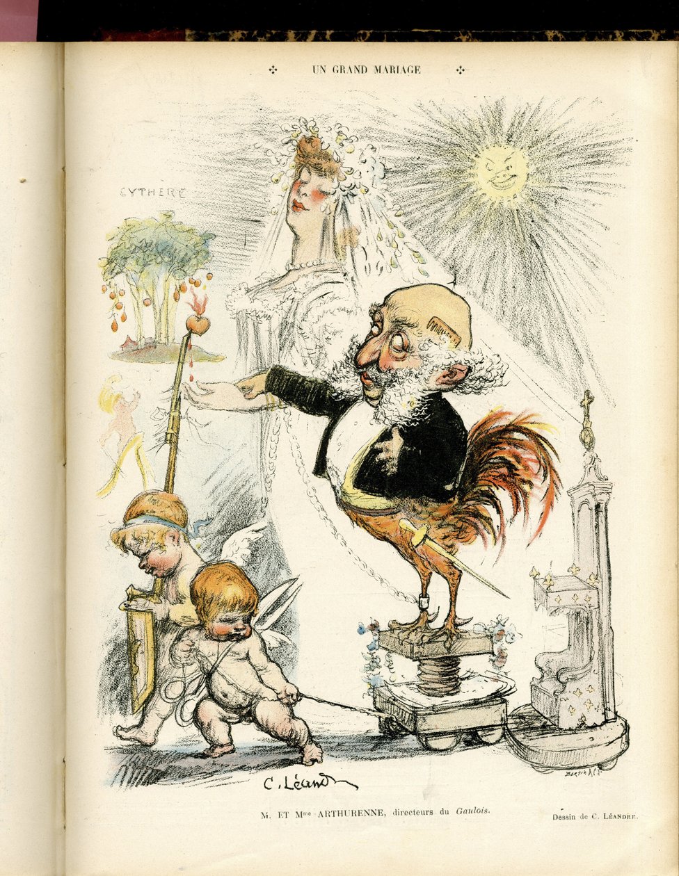 Illustration of Charles Leandre in Le Rire, 22/10/04 - Un grand mariage - Marriage - Coq, Meyer Arthur - Animalisation by Charles Leandre