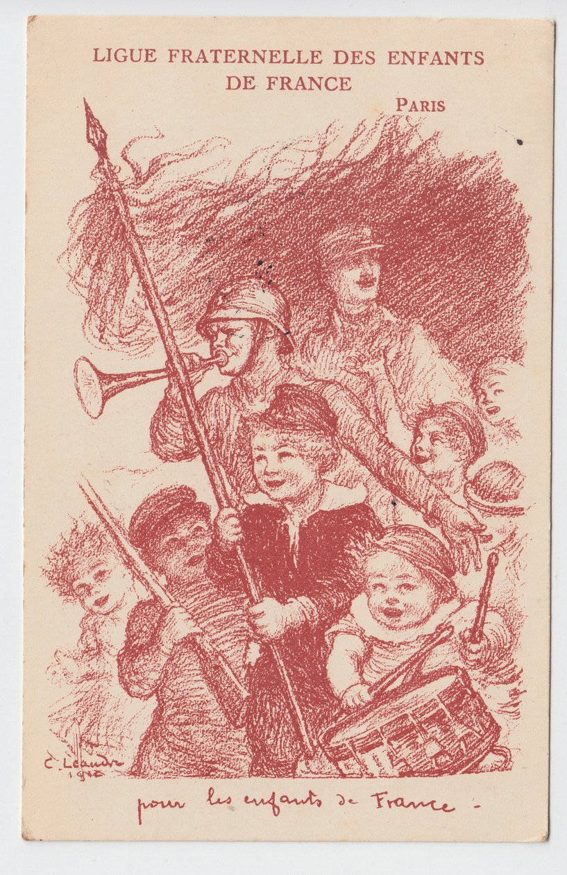 Postcard, Satirical in Colors: Ligue fraternelle des enfants de France - War of 14-18, Childhood, Patriotic Days Illustration by Charles Leandre (1862-1934) by Charles Leandre