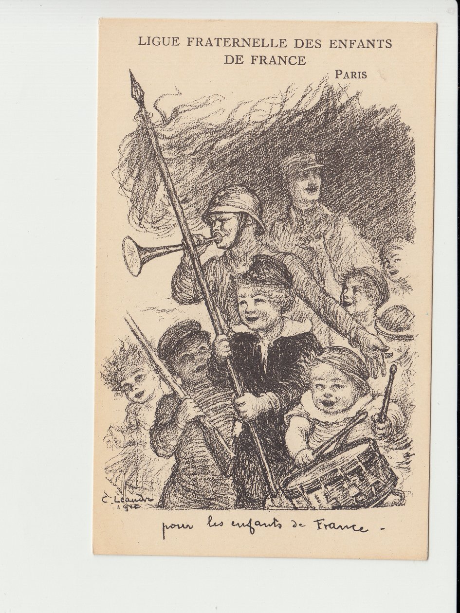 Postcard, Satirical in Black and White: Ligue fraternelle des enfants de France - War of 14-18, Music, Childhood, Ligue fraternelle des enfants de France - Soldiers Illustration by Charles Leandre by Charles Leandre