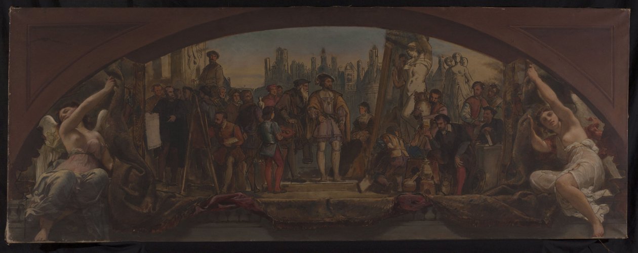Sketch for the Denon Pavilion in the Louvre: The four ages of artistic life in France - Presentation to Francis I of plans for the Château de Fontainebleau by Charles Louis Lucien Muller