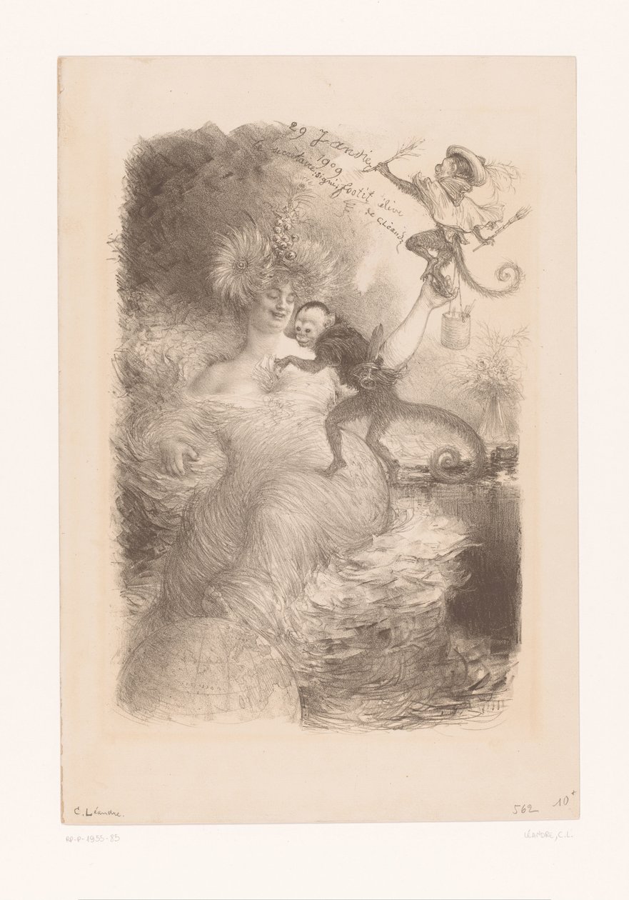 Woman with Globe, Stacks of Papers, and Two Monkeys by Charles Lucien Leandre