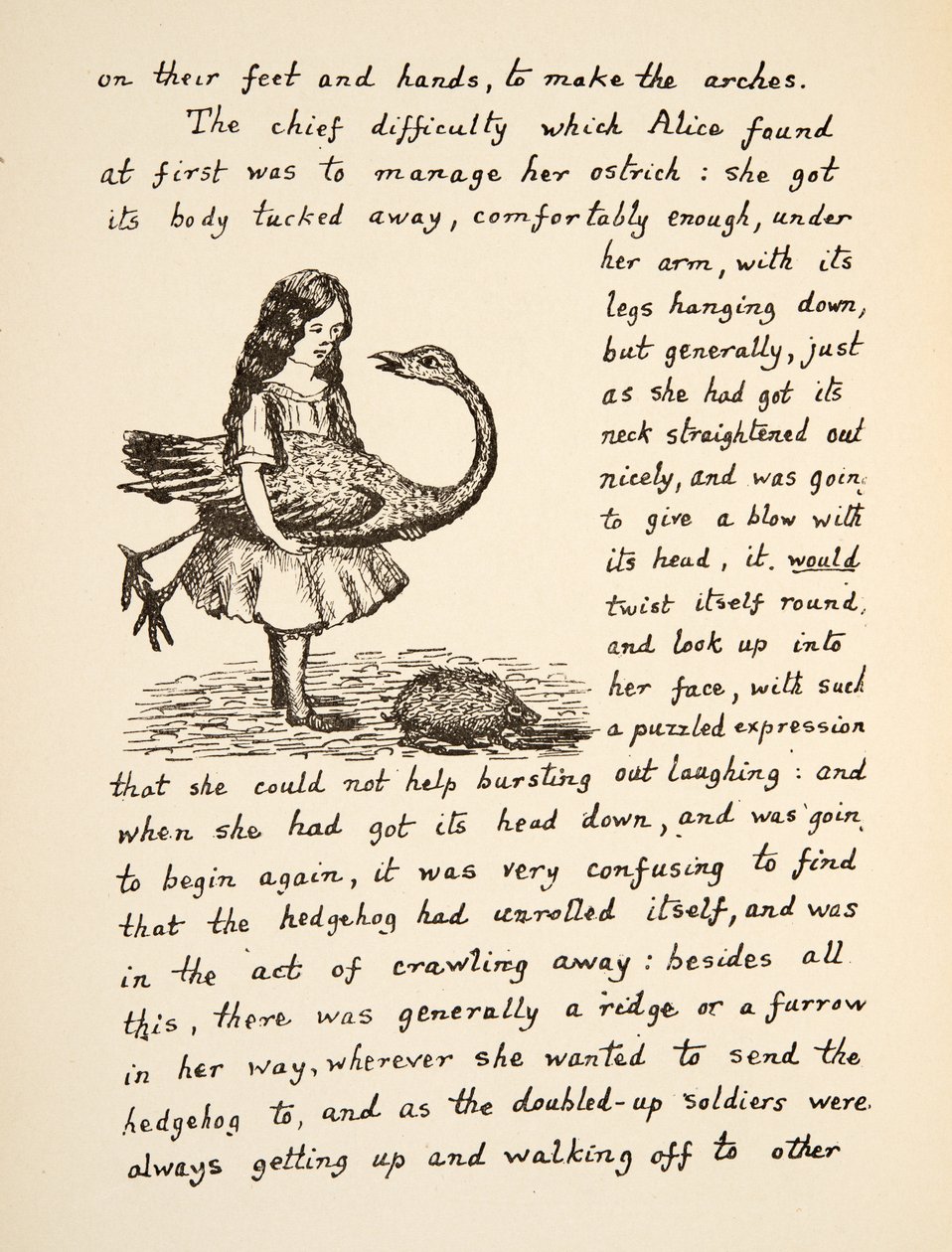 Alice Holding Her Ostrich, Illustration from Alice’s Adventures Under Ground, Pub. 1886 (Facsimile) by Charles Lutwidge Dodgson