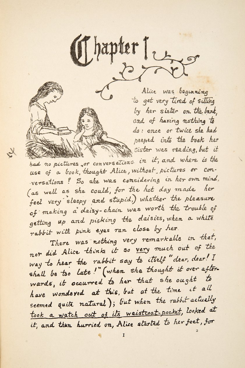 Alice with Her Sister, Illustration from Alice’s Adventures Under Ground, Pub. 1886 (Facsimile) by Charles Lutwidge Dodgson