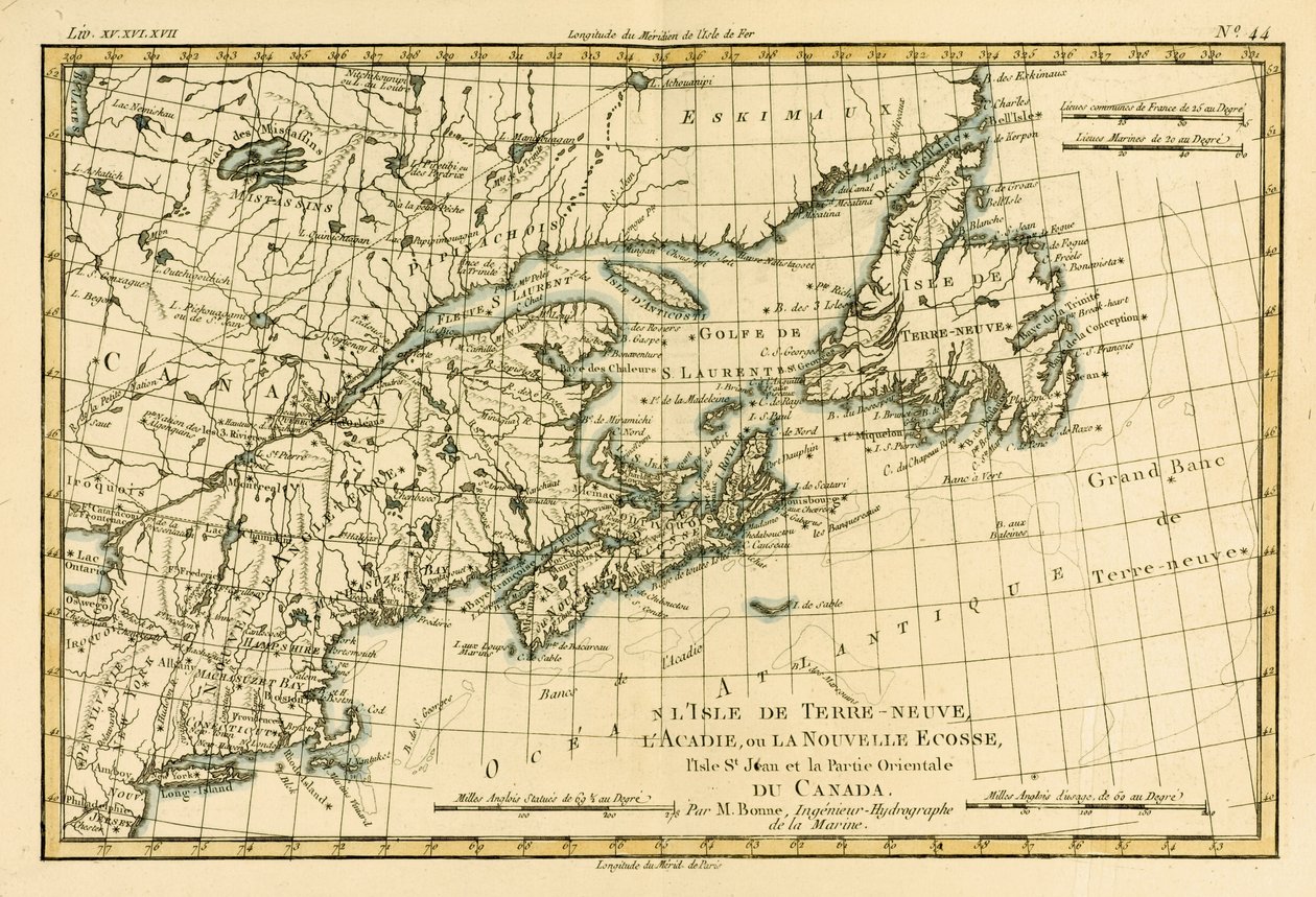 Eastern Canada, Newfoundland, Nova Scotia and St John Island, from Atlas de Toutes les Parties Connues du Globe Terrestre by Guillaume Raynal (1713-96), Published J L Pellet, Geneva, 1780 by Charles Marie Rigobert Bonne