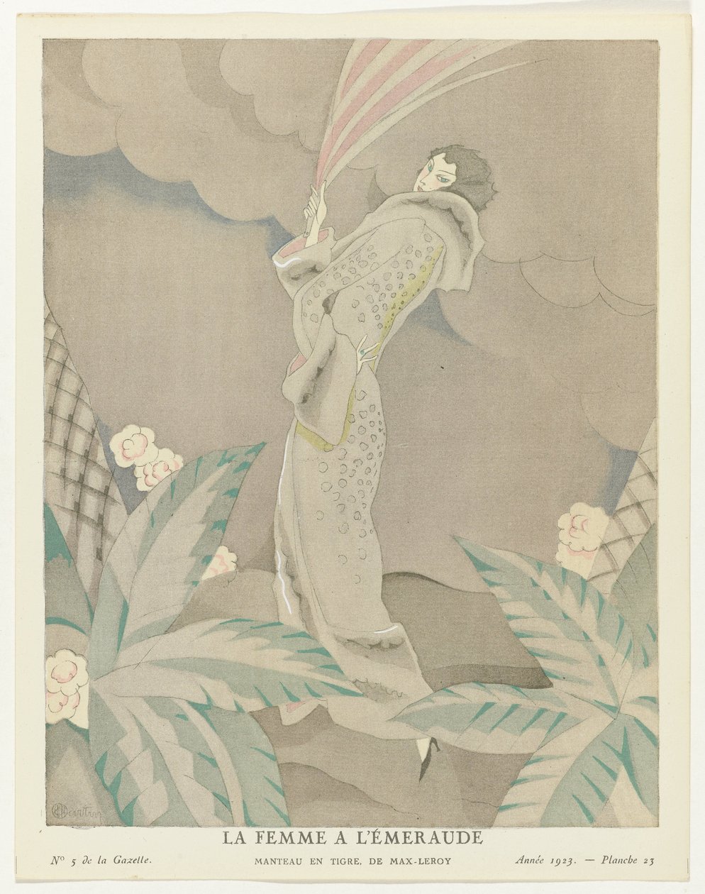 Gazette du Bon Ton 1923, No. 5, Pl. 23: The Woman with the Emerald - Coat in Tiger, by Max-Leroy by Charles Martin