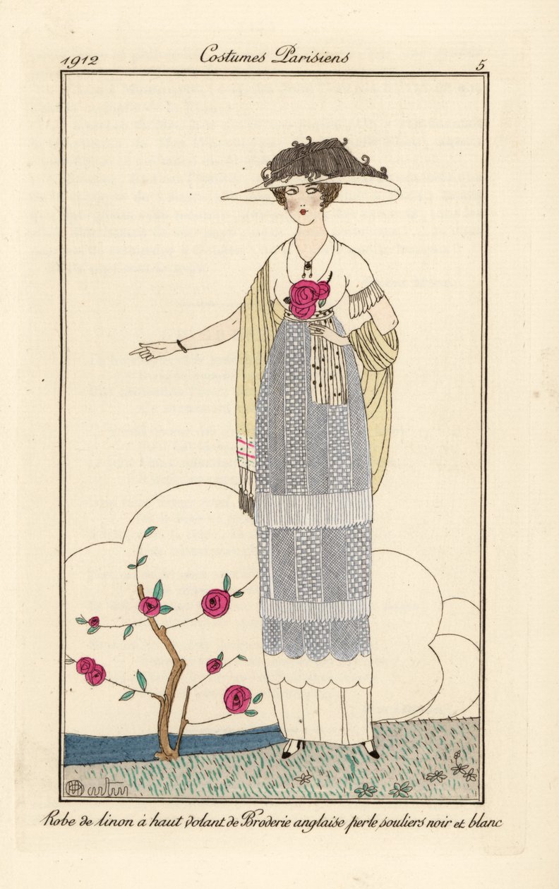 Woman in linen dress with pearl English lace, black and white slippers by Charles Martin
