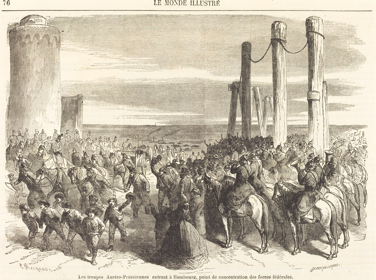 The Austro-Prussian Troops Entering Hamburg... [top half] by Charles Maurand after Godefroy Durand