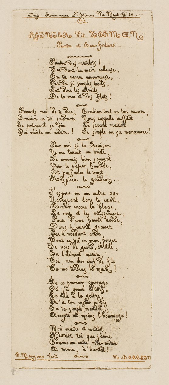 Dedicatory Verses to Reinier Nooms, Called Zeeman by Charles Meryon